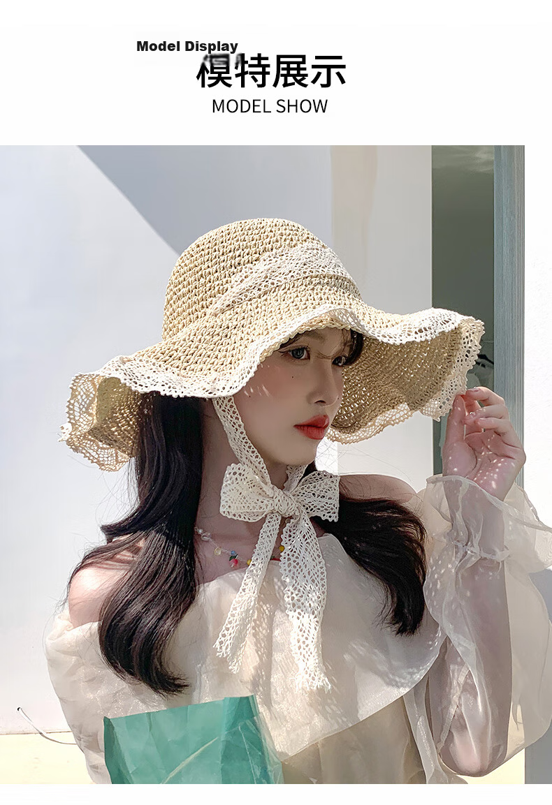 FitonTon Women's Summer Sun Hat Beach Outdoor Straw Hat Korean Style Travel Sun Hat with Tie Hollow Lace Edge Straw Braided Hat 16