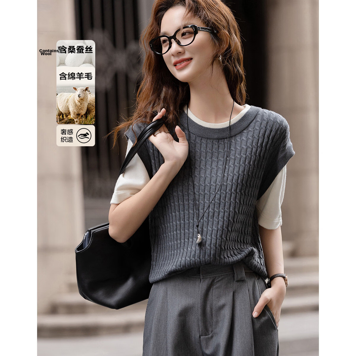 Demana【With Mulberry Silk/Sheep Wool】Spring College Style Cable Knit Colorblock Sweater Petite Women's Knitwear