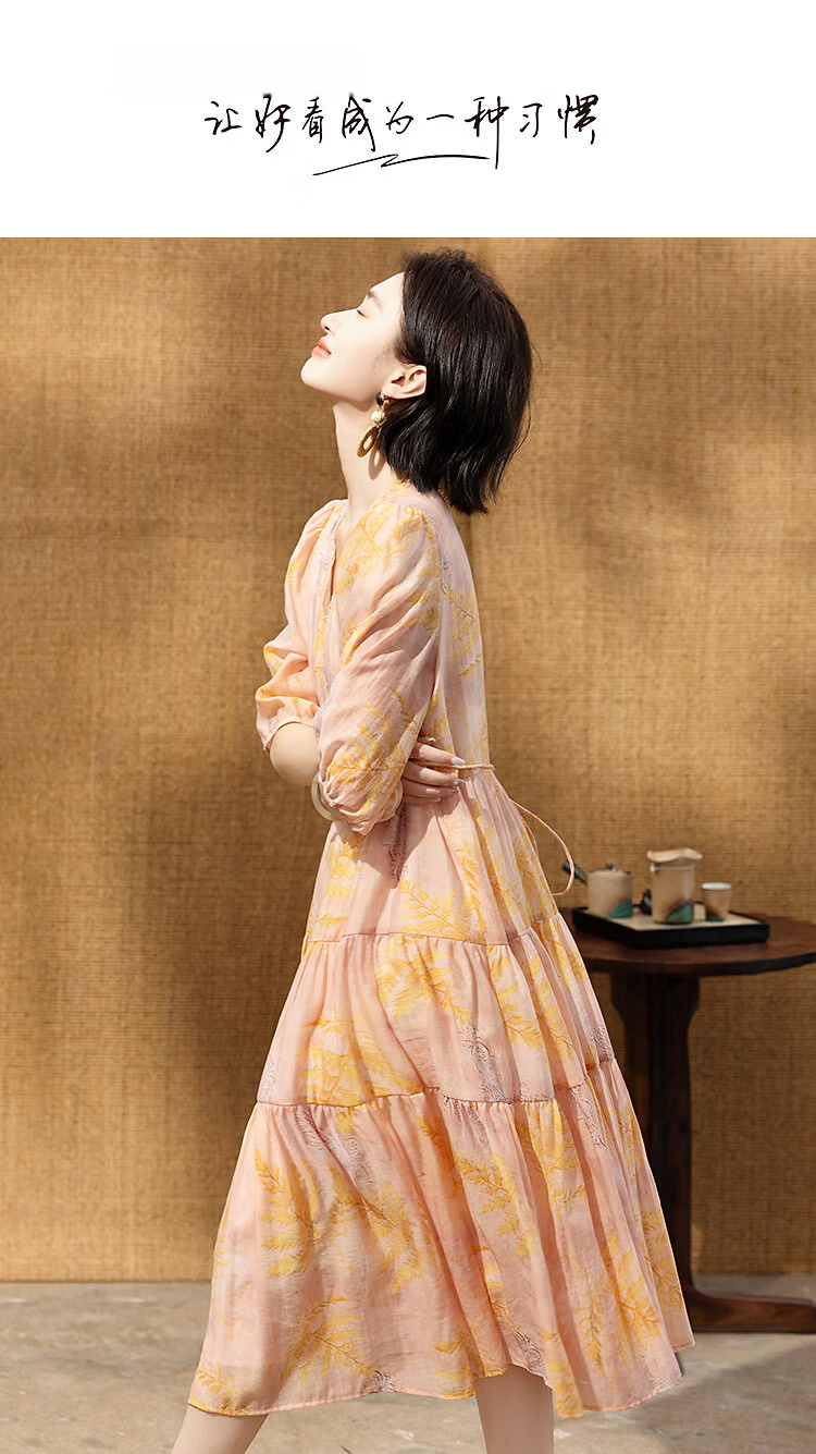 Demana [Elegant Lyocell] Summer French V-Neck Lace Splice Printed Waist-Slimming Dress for Women Premium 1