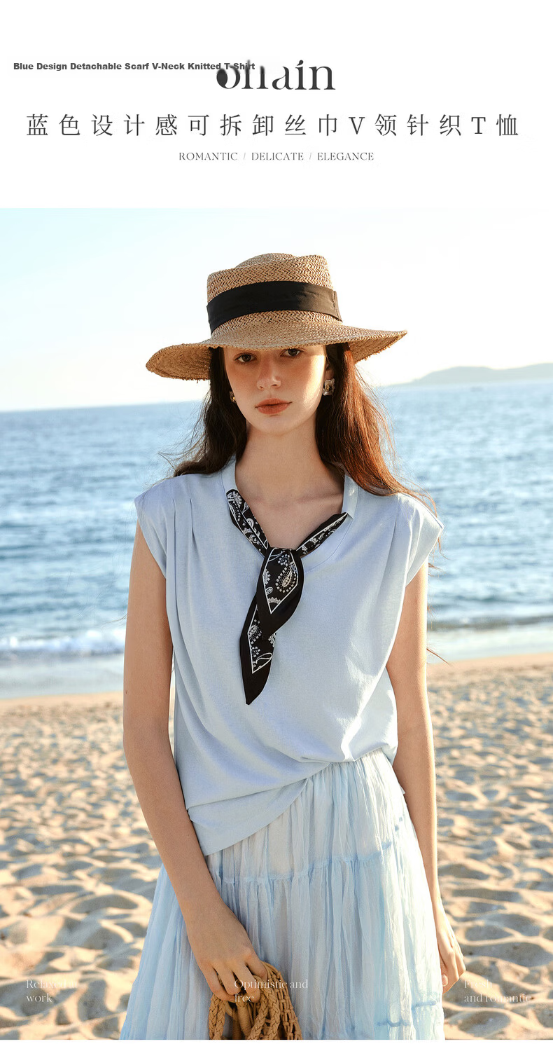 Olrain Eurier Scarf Collar Short Sleeve T-Shirt Women Summer New Casual Simple Commuter Knit Top Blue S 1