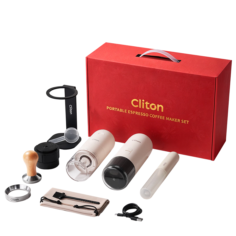 CLITON Portable Coffee Grinder Espresso Semi-Automatic Coffee Machine Tamper Milk Frother Stand Gift Box Set