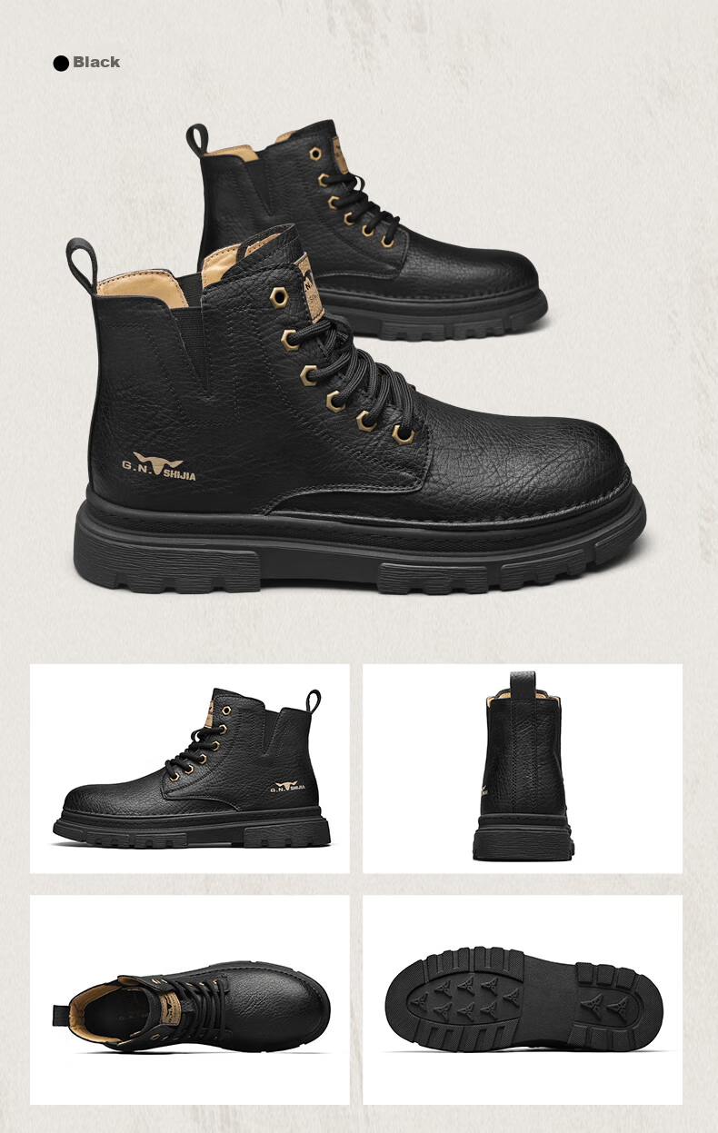 Bull Family Men's Boots Autumn Winter New British Retro Martin Boots Thick Sole Wear-Resistant Men's Work Boots Versatile Casual High-Top Shoes 19