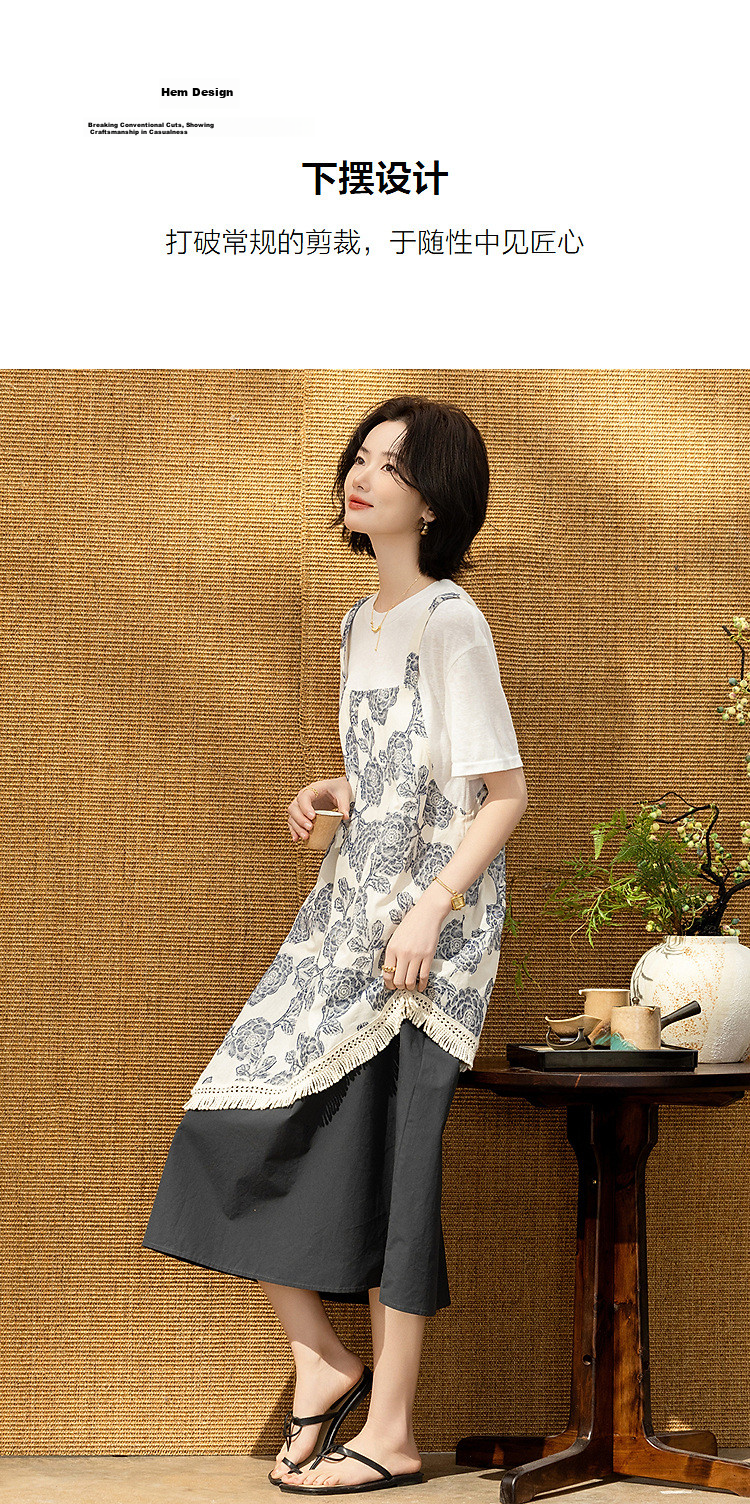 Demana Summer Faux Two-Piece Jacquard Splice Irregular Hem Loose Slim Dress with Wool Cloud Cotton 7