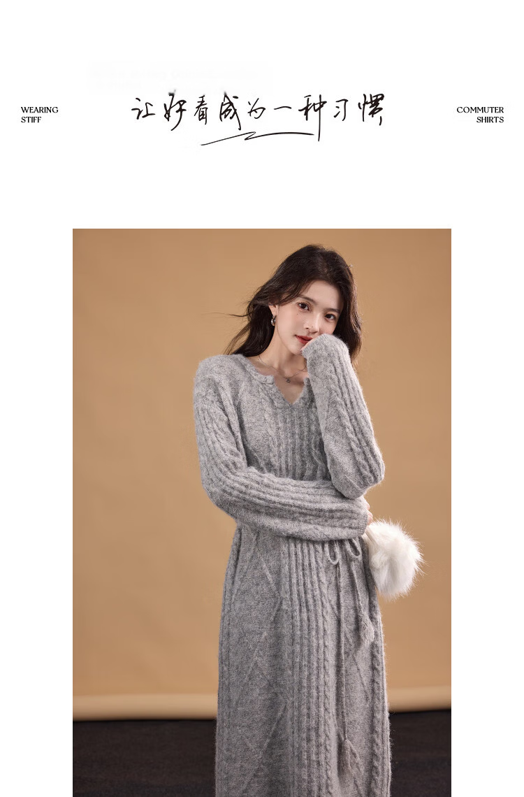 Demana "Lianlian Warm Breeze" Winter Elegant Cable Knit V-Neck Tassel Waist Sheep Wool Women's Dress 9