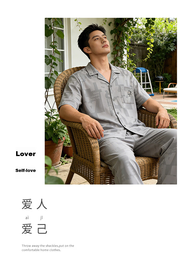 Hengyuanxiang 100% Cotton Men's Pajamas Polo Collar Cardigan Antibacterial Mite-Resistant Short Sleeve Long Pants Summer Casual Homewear Suitable for Outdoors 7