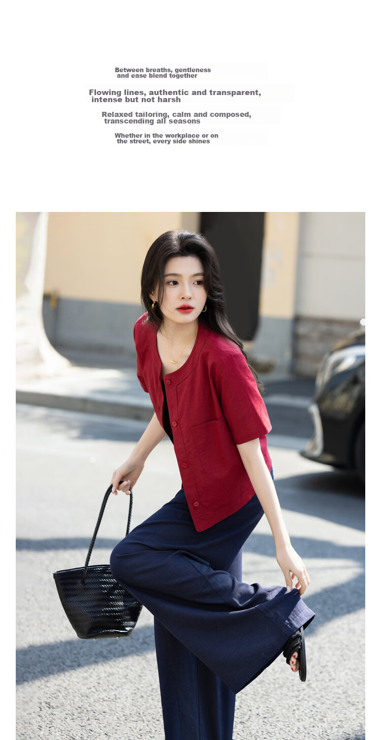 Demana [with Flax Cloud Oxygen Cotton] Summer Vintage Commuter Round Neck Short Sleeve Petite Slim Cropped Women's Jacket 5