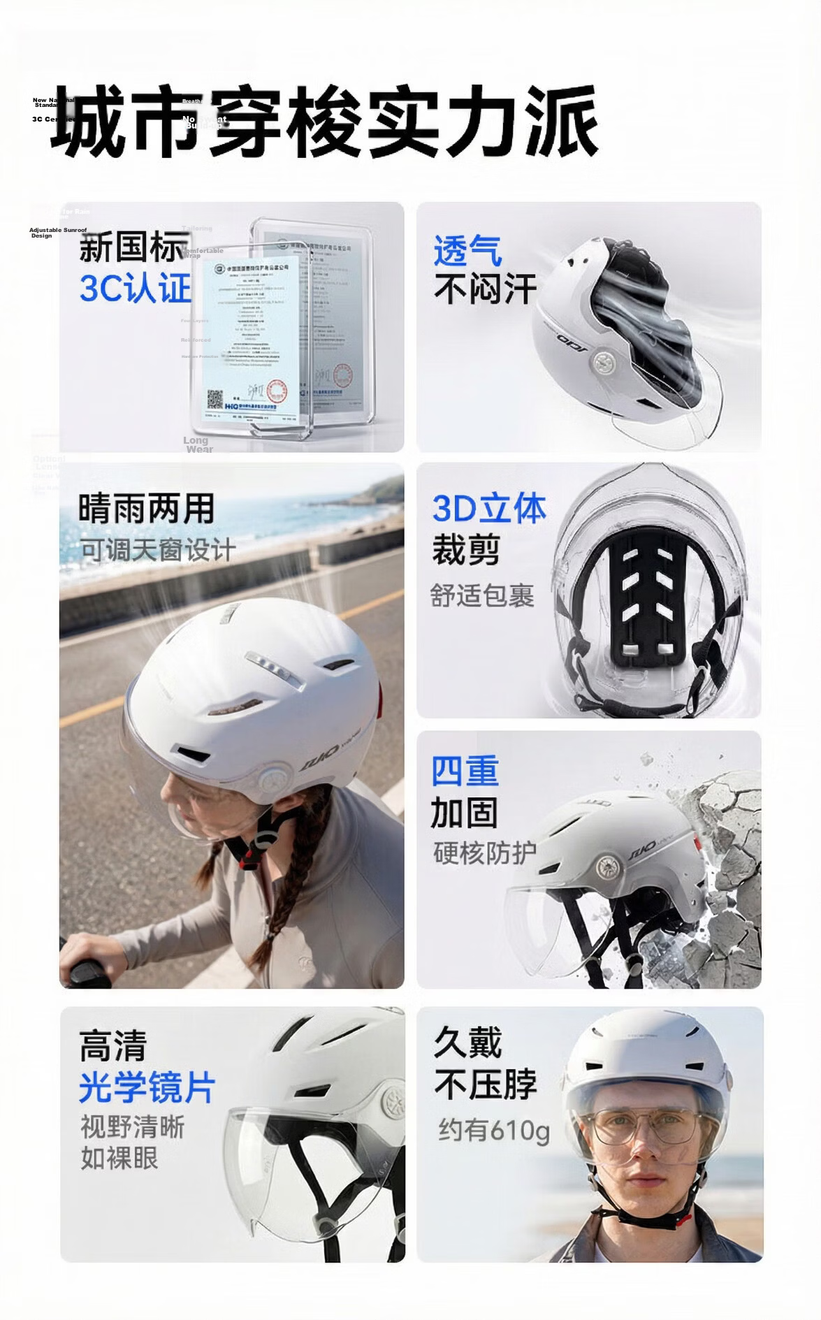 JD Jingzao Electric Vehicle Helmet 3C New National Standard Class A Certified White Warning Light Unisex One Size City Light Electric Motorcycle Bicycle Scooter Lightweight 4