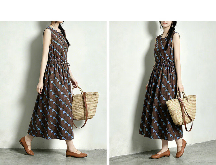 Demana [Artistic Forest Girl] Summer Ethnic Style Printed Round Neck Sleeveless Drawstring Slim Fit Dress for Women Premium Quality 13