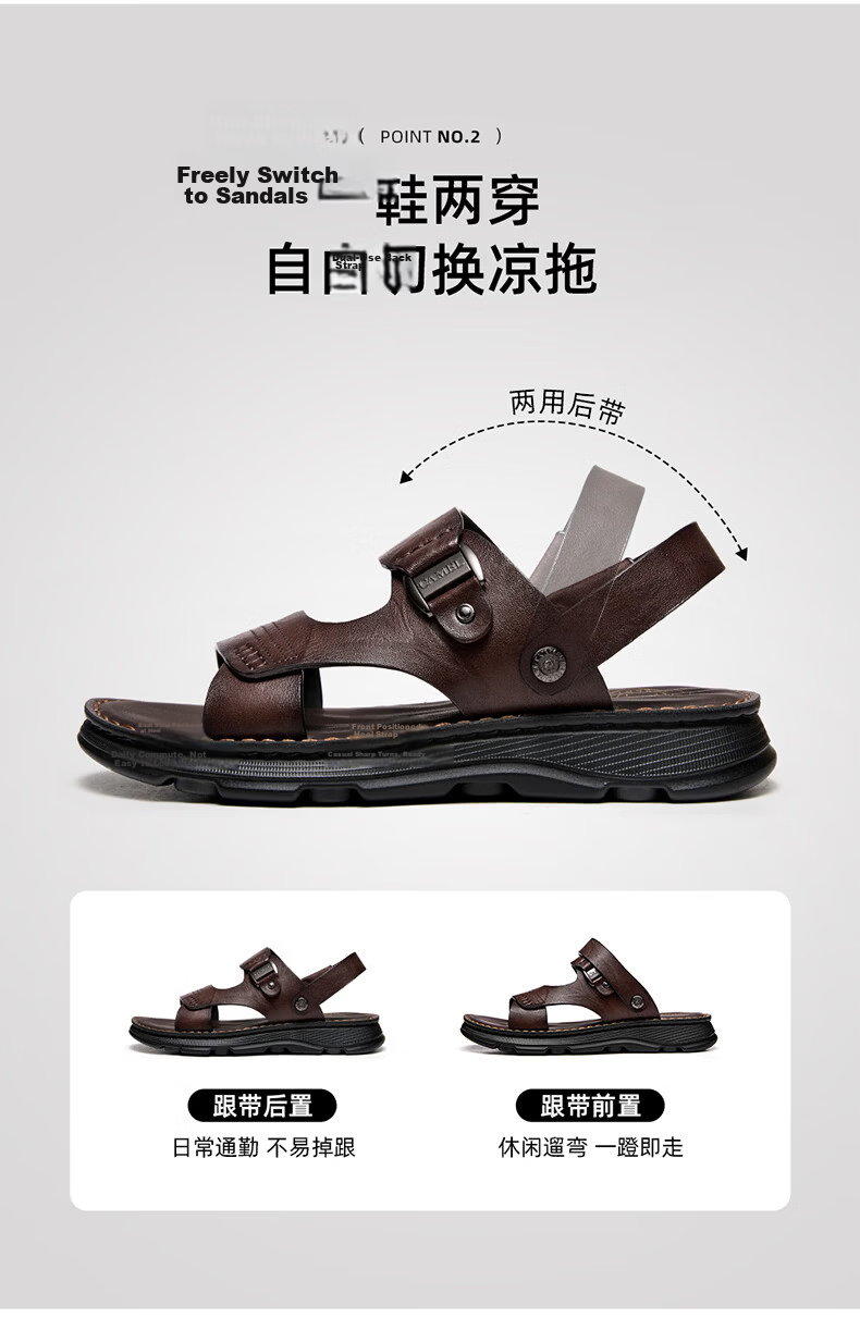CAMEL Summer Cowhide Breathable Sandals, Two-Way Wear Business Men's Leather Shoes for Dad, G16M211020, Brown, Size 43 4