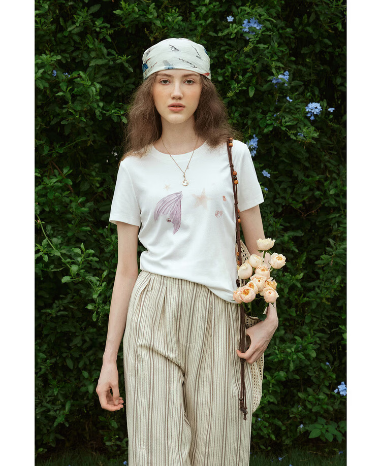 Olrain Eurielle Summer New Fun Colorblock Ocean Print Crew Neck Short Sleeve T-Shirt Women Casual Top White M 13