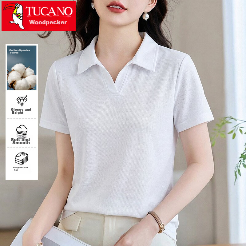 TUCANO Women's Short Sleeve Seagull Collar Polo T-Shirt Slim Fit Casual Commuter Top White M