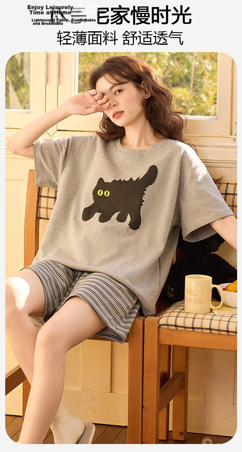 FENTENGCARE Women's Padded Cotton Pajama Set Spring Summer Crew Neck Pullover Short Sleeve Top Shorts and Long Pants Three-Piece Casual Loungewear 8