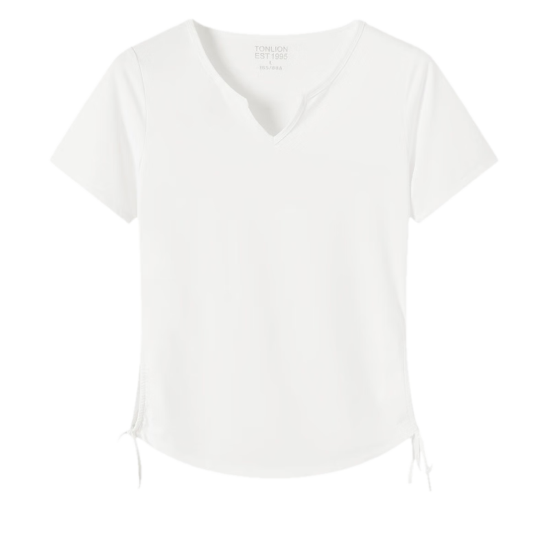 TonLion 2026 New Summer Women's Short Sleeve V-Neck Sports Style Sun Protection T-Shirt with Drawstring Waist Design White