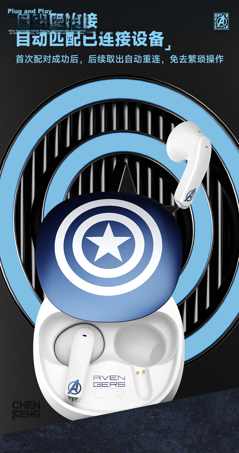 Disney Bluetooth Wireless Semi-In-Ear Music Sports Gaming Earphones Long Battery Life Commuting Back-to-School Gift for Boys Compatible with Apple Huawei ZC16 Captain America 8