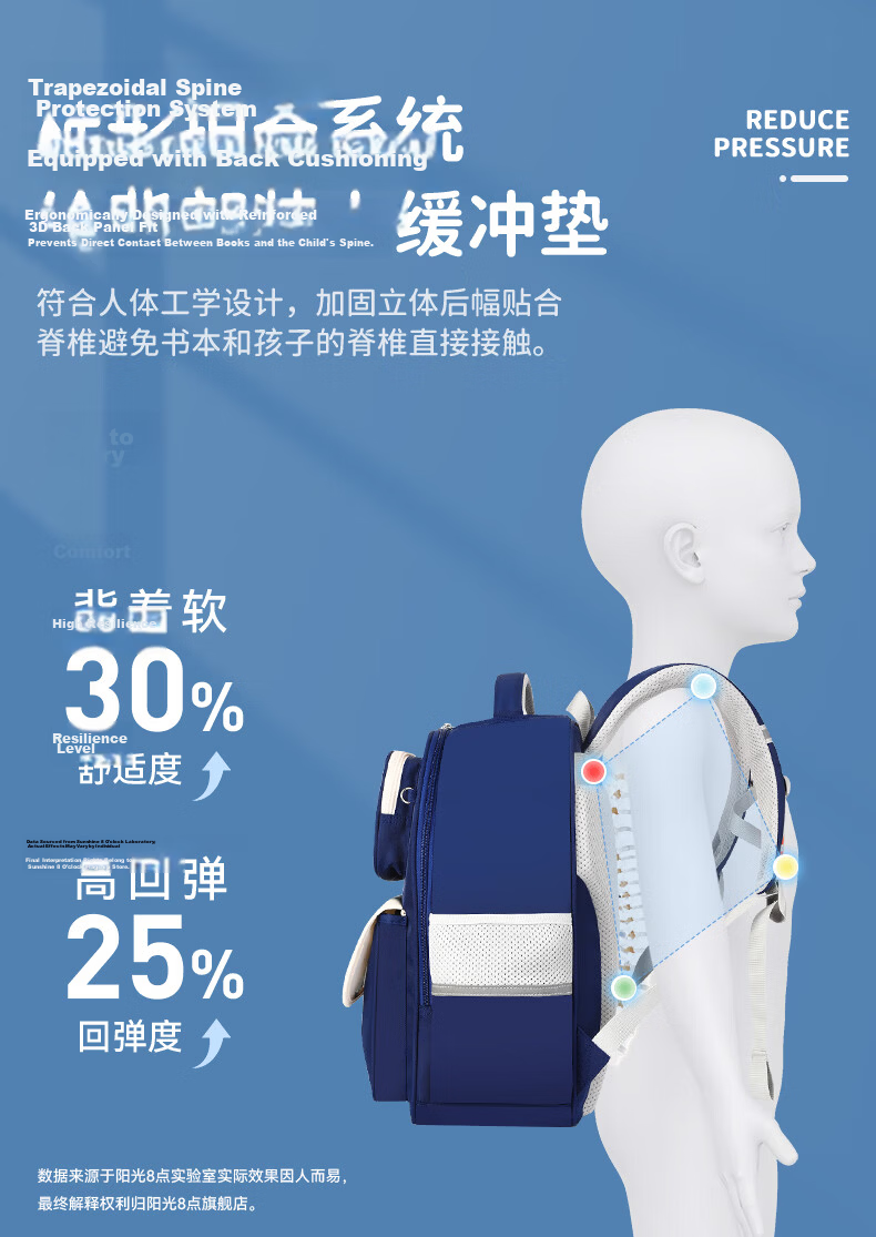 Sunshine 8 O'clock Primary School Backpack Spine Protection Lightweight Boys Girls Grades 1-3-6 Waist Support Anti-Drop Ultra-Lightweight Kids Shoulder Bag 8
