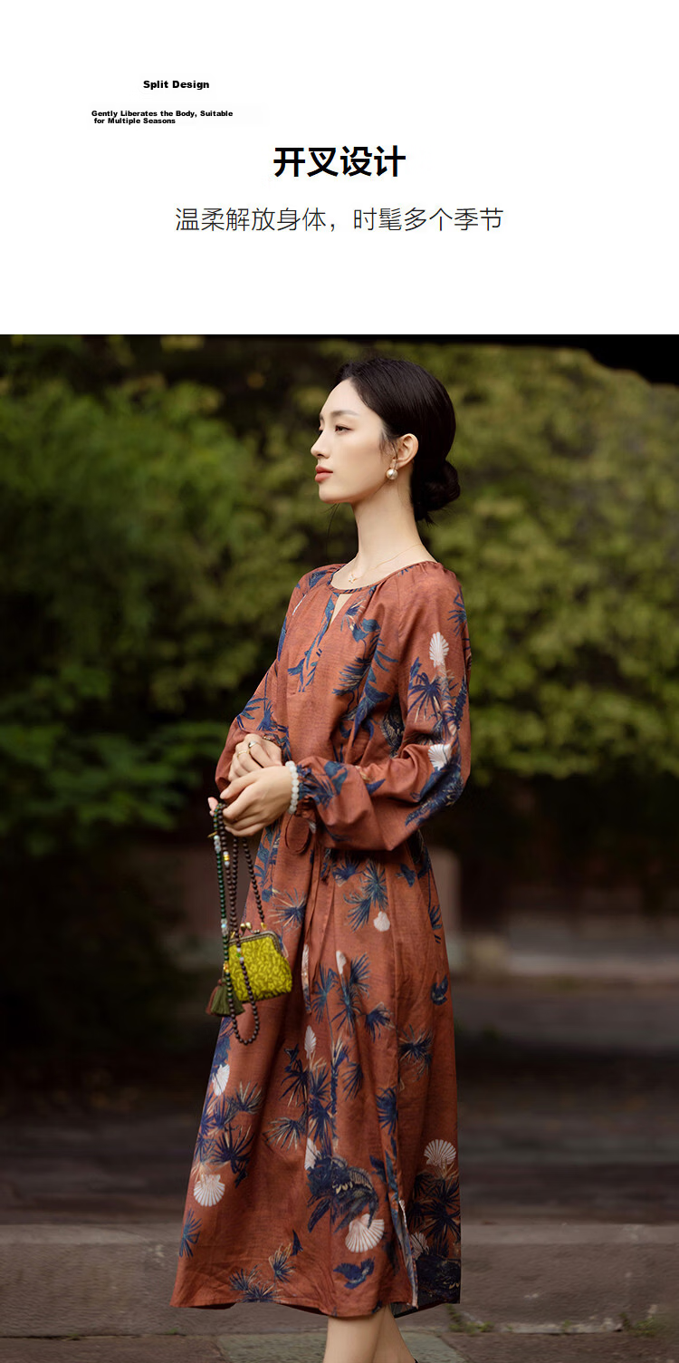 Demana Soft Mist Gloss Spring Romantic Elegant Crew Neck Printed Slit A-Line Petite Loose Women's Dress 7