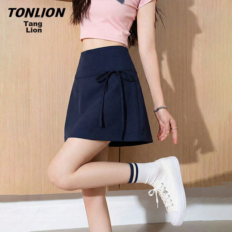 TonLion Women's Short A-Line Skirt Korean Style Petite Elegant Skirt with Bowknot and Anti-Exposure Lining College Style