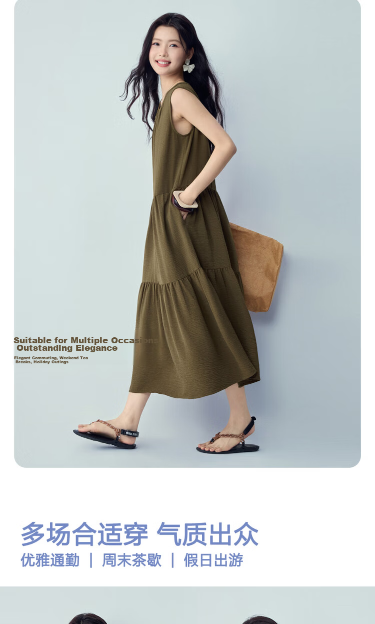 Giordano Women's Loose Sleeveless Dress Wrinkled Texture Crushed Pleated Round Neck Tank Dress 13466265 6
