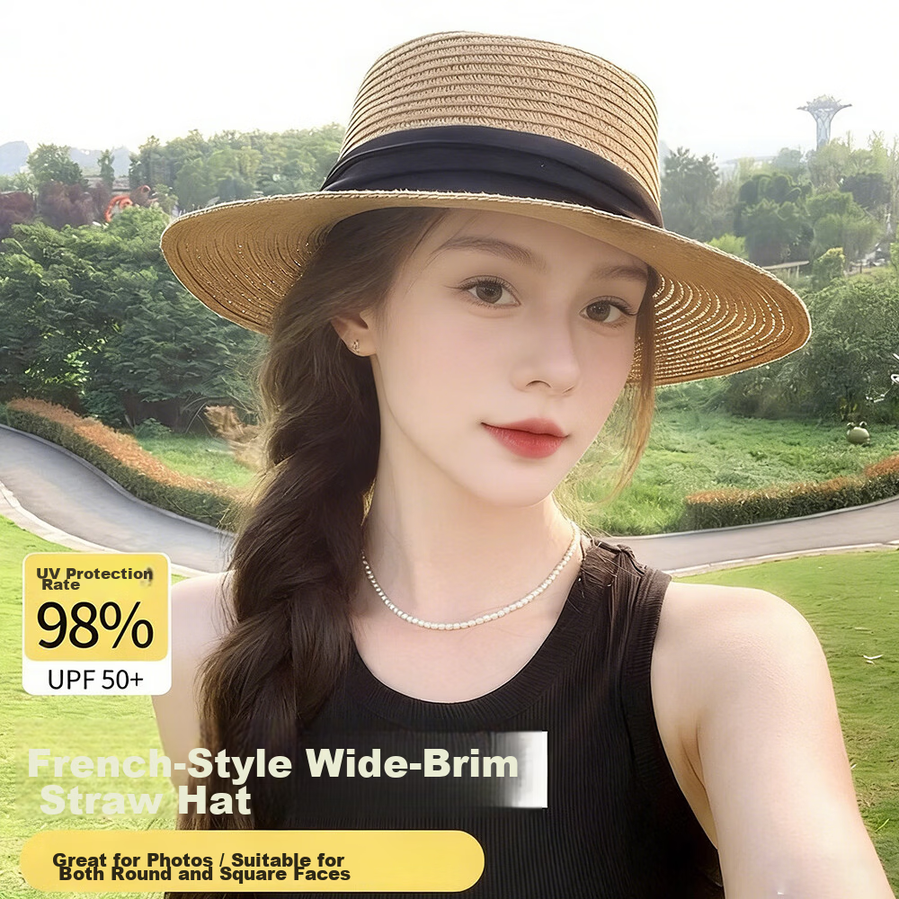 HAOGUAN Women's New Summer Sun Hat French Flat Top Straw Hat Slim Face Beach Sun Protection Hat