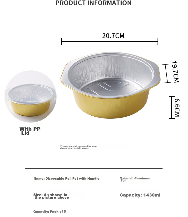 BJ Aluminum Foil Pot, Disposable Hot Pot Set, Takeout Packaging Box, Round Outdoor Barbecue, Heatable, 1430ml, 5 Pieces 11