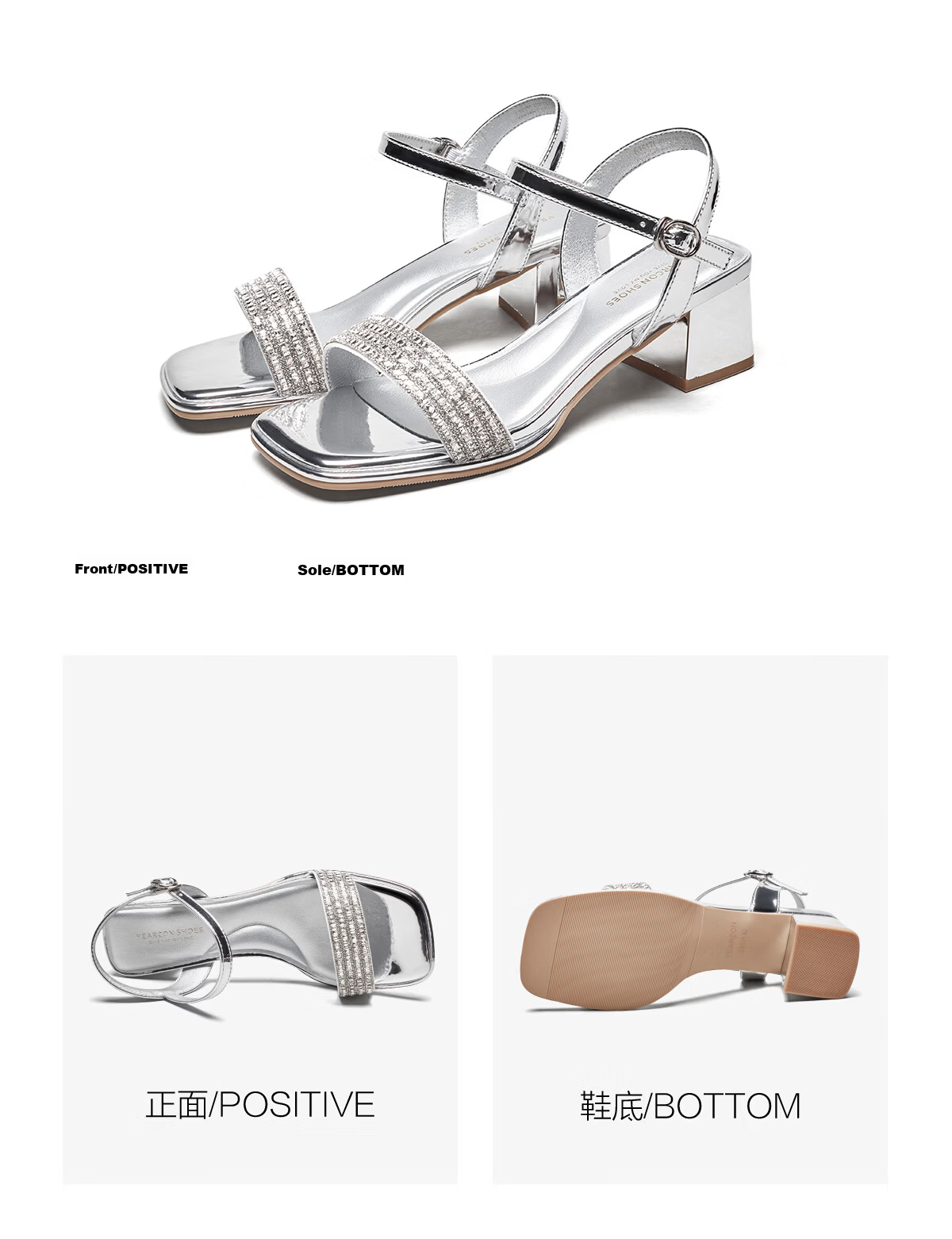 Eierkang Women's Sandals Open Toe Rhinestone Strap French Style Chunky Heel Sandals 49886W Silver Size 39 16