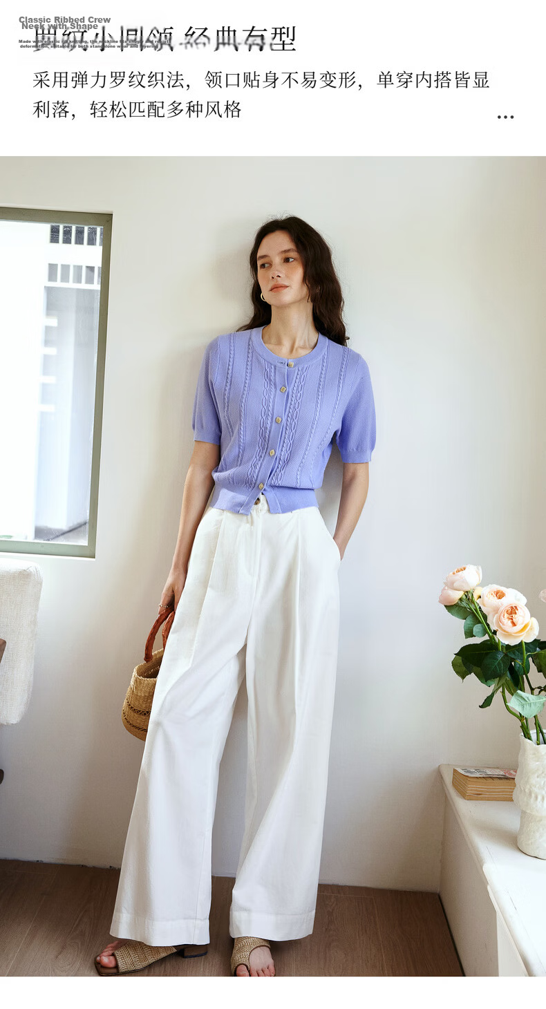 Olrain French Style Round Neck Cable Knit Cardigan Women Summer Commuter Casual Short Top Purple L 9