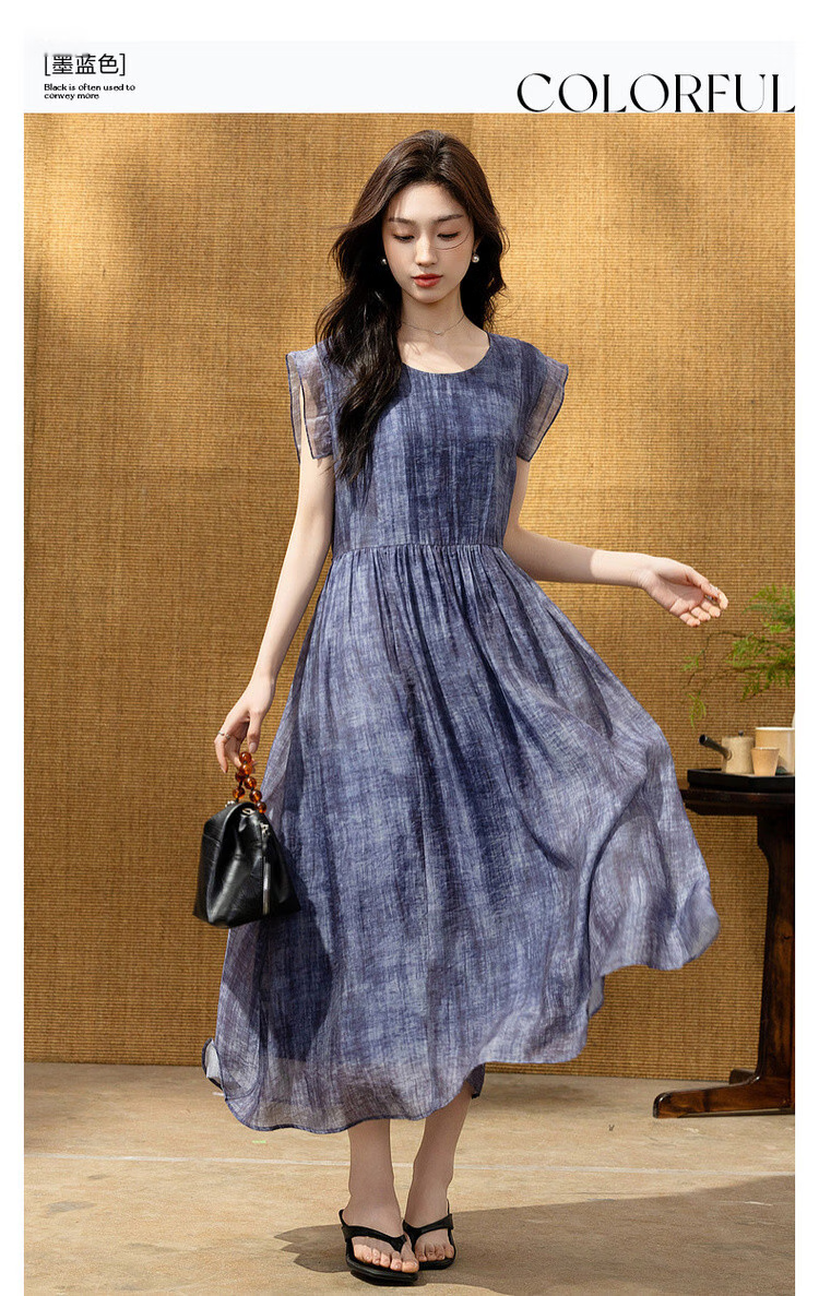 Demana [Breathable Tencel] Summer Ink-Style Print Round Neck Self-Tie Lightweight Dress for Women Premium Quality 3
