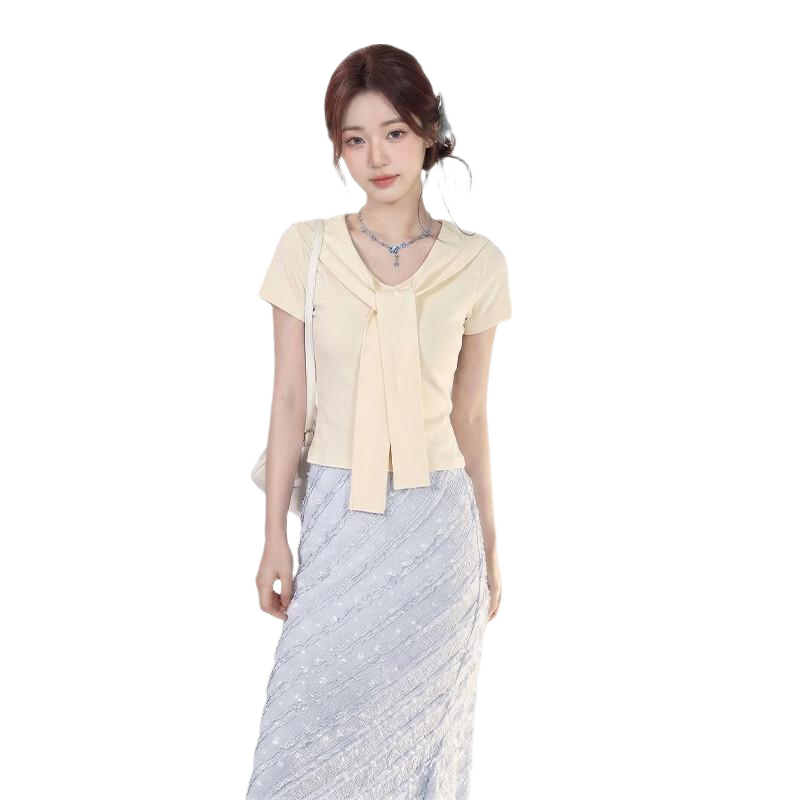 TonLion Women's Short Sleeve French Style Navy Collar Fake Two-Piece Slim Fit Shoulder Design Cropped T-Shirt Summer New