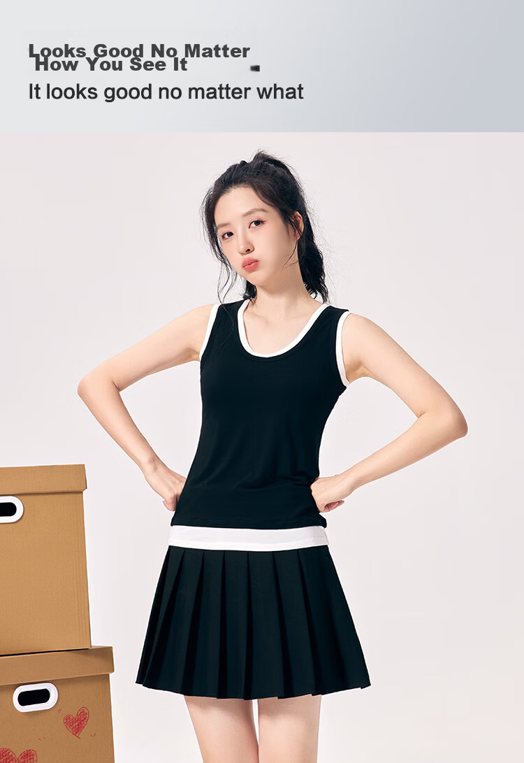 Hodo Women's Soft Stretch Cotton-Spandex Colorblock Fake Two-Piece Slim Fit Slimming Simple Sports Commuting Versatile Wide Strap Vest 13