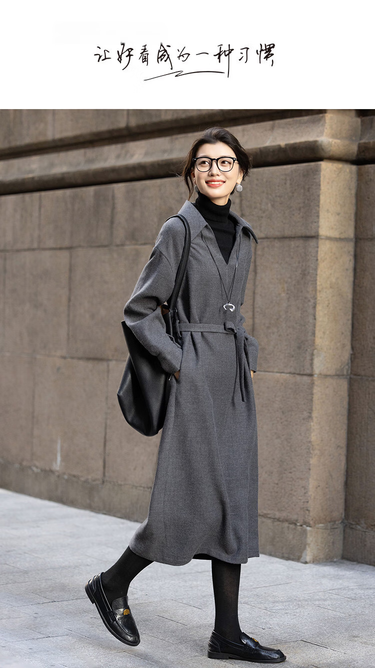 Demana [French Luxury Style] Winter Urban V-Neck Thick Textured Wool Belted A-Line Women's Dress 1