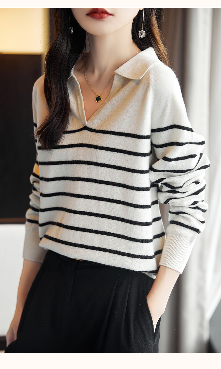 Dme Wool V-Neck Striped Sweater, Elegant And Relaxed Women's Wool Sweater, Black, L 12