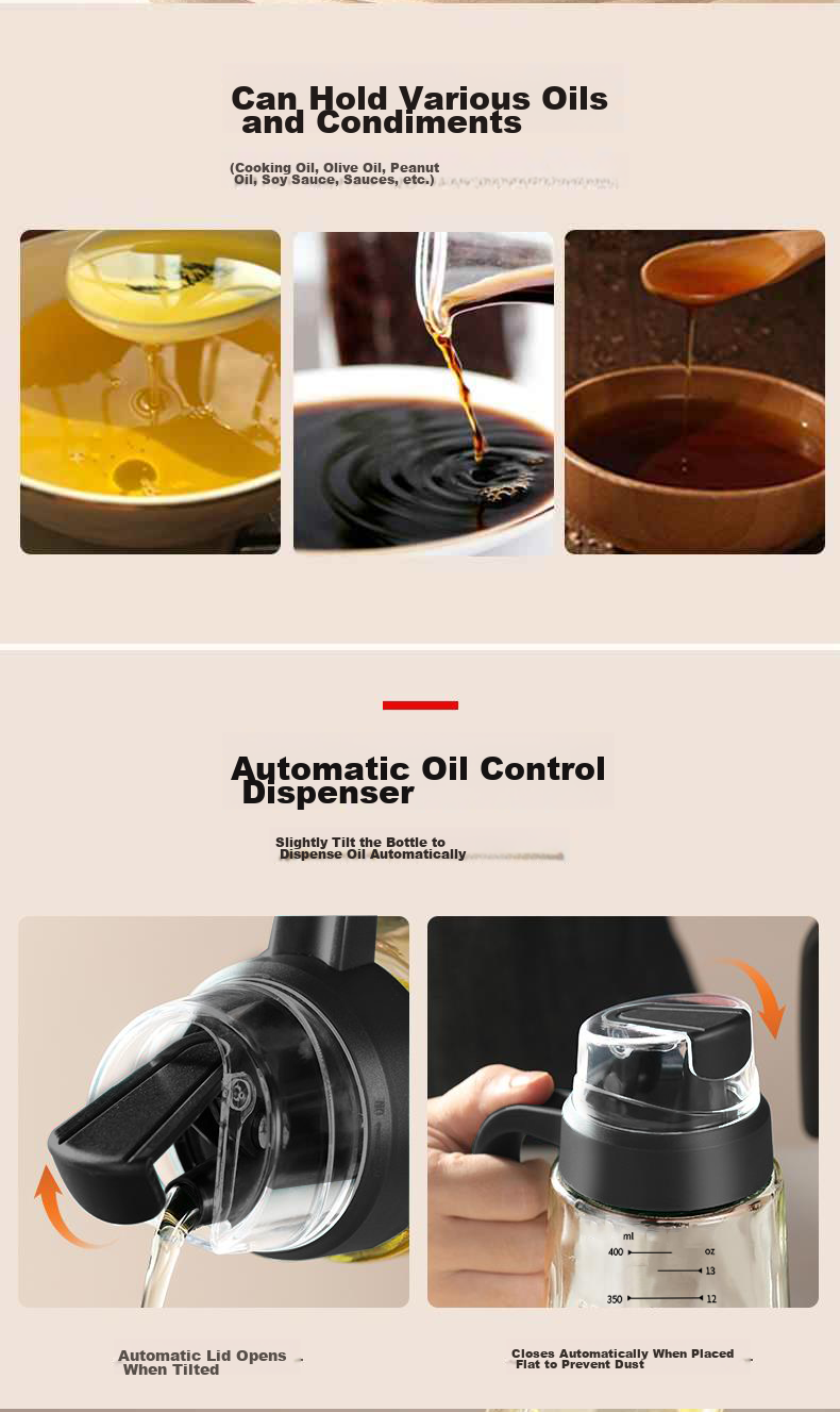Mengtin Automatic Opening and Closing Oil Dispenser Kitchen Glass Pouring Bottle Soy Sauce Vinegar Seasoning Bottle Oil Container 470ML 3