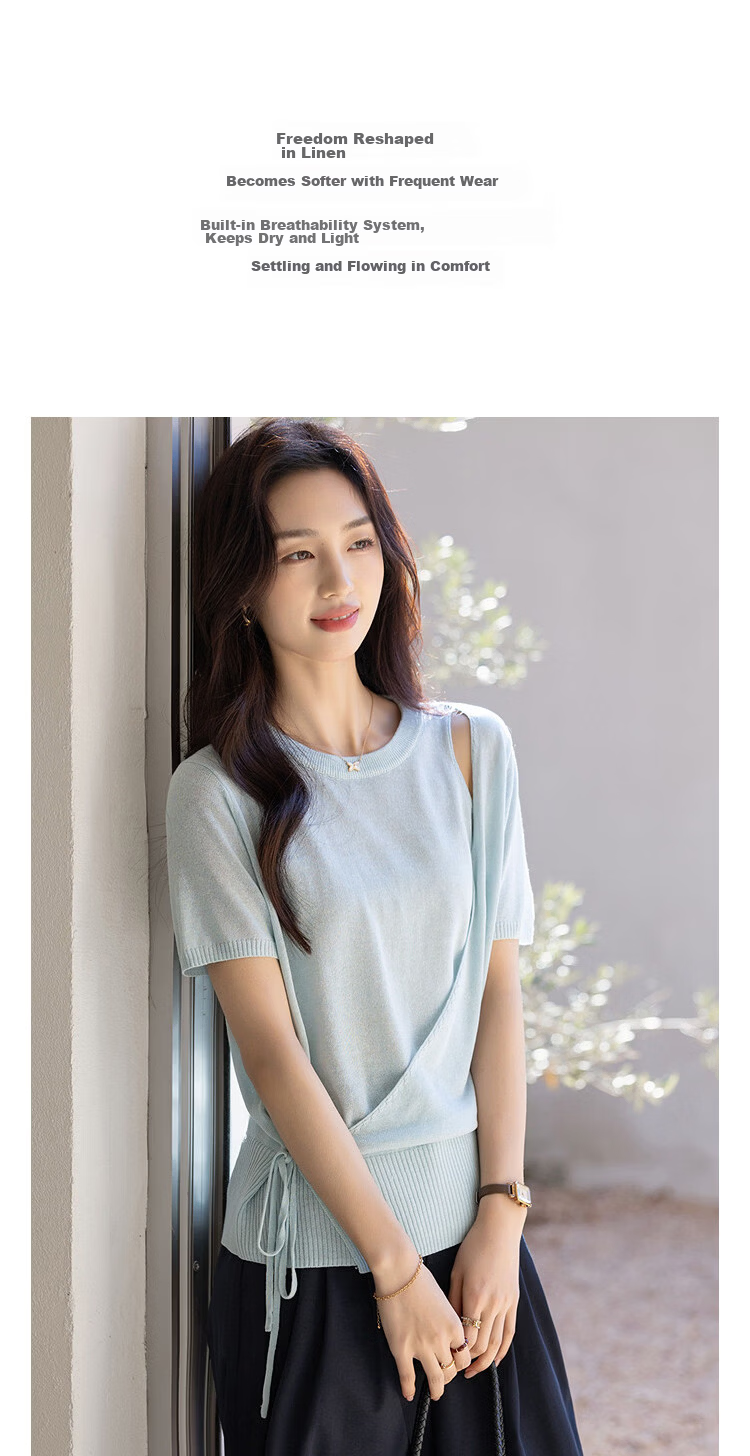 Demana [with Linen Lyocell] Summer Elegant Asymmetric Design Adjustable Tie Slim Knit Top for Women Premium 6