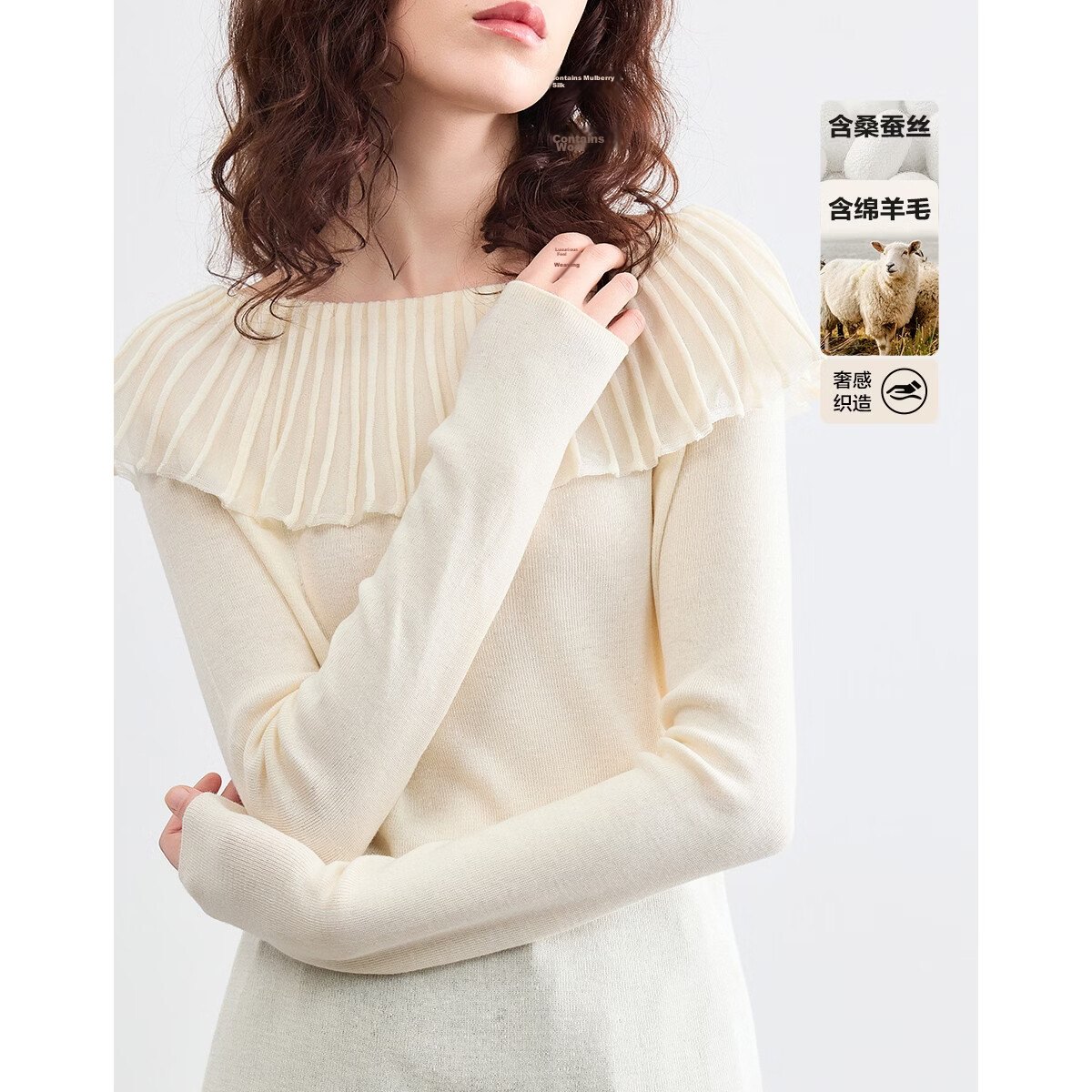 Demana Women's Elegant Spring Off-Shoulder Ruffle Slim Fit Knit Sweater with Mulberry Silk and Wool