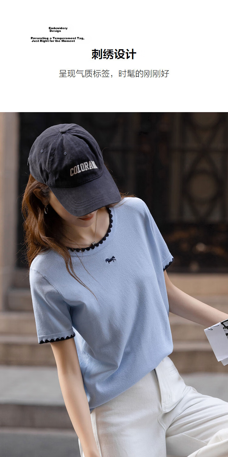 Demana [Breathable Tencel] Spring College Style Round Neck Embroidered Short Sleeve Stretch Knit Sweater for Women Premium Quality 7