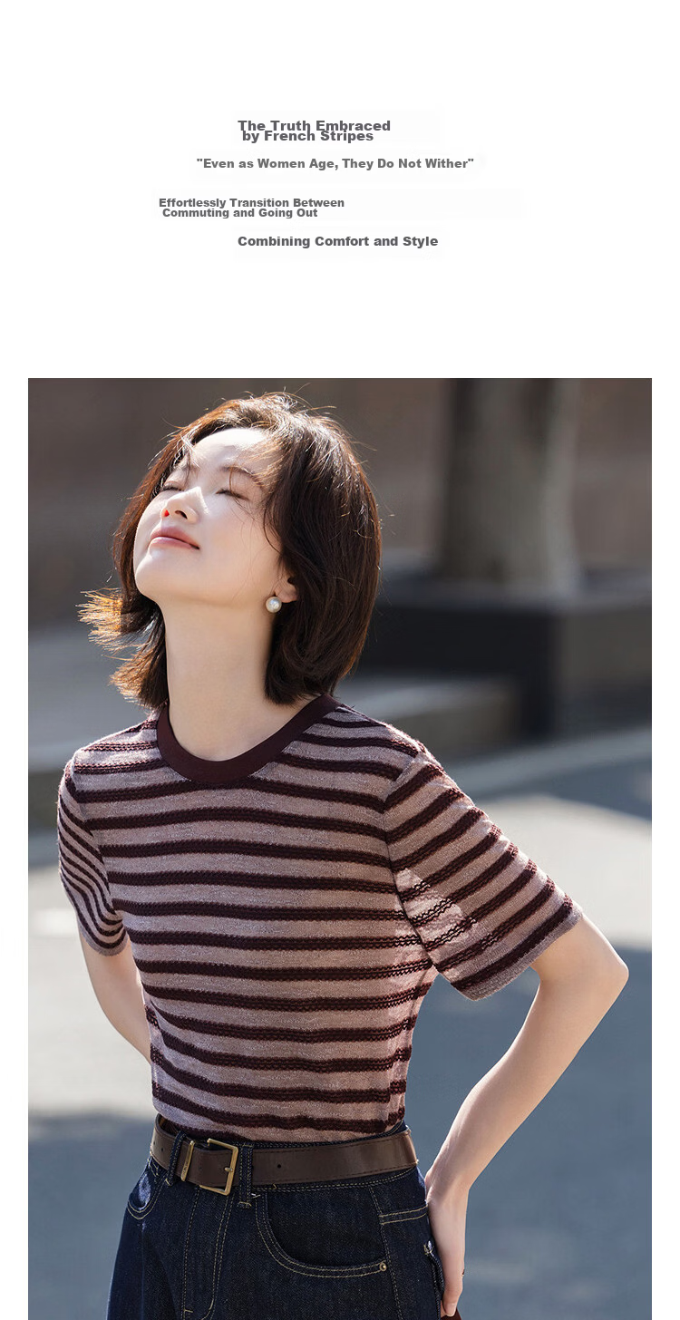 Demana "Piano Overture" Summer Retro Colorblock Round Neck Short Sleeve Stretch Slimming T-Shirt for Women High-End Feel 6