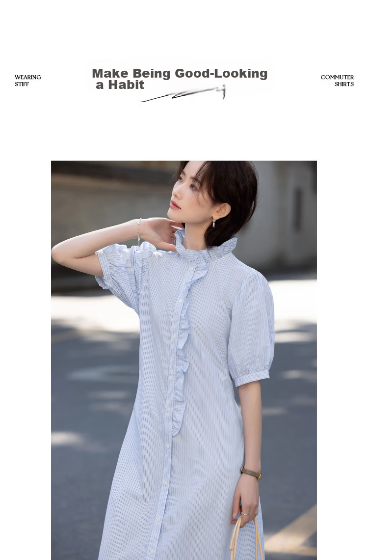 Demana French Romantic Summer Cloud Cotton Striped Ruffle Collar Waist-Slimming Dress for Women Premium Quality 10