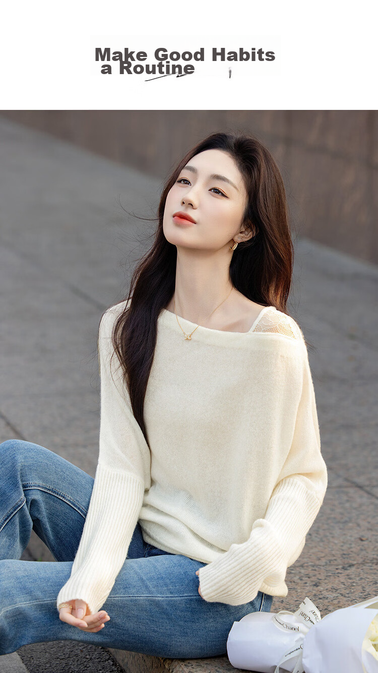 Demana Bare-Feel Lyocell Autumn Goat Cashmere Wool Spliced Lace Off-Shoulder Asymmetric Neck Knit Sweater for Women 1