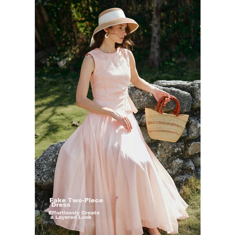 Olrain Eurier Summer Lyocell Linen Dress Women Fake Two-Piece Vest Dress Light Pink M