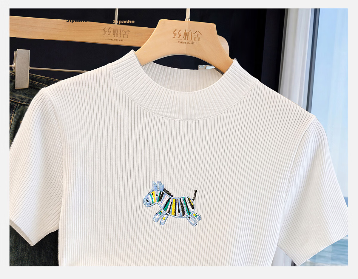 Cypress Slim Fit Knitted Sweater Women 2026 Summer New Fashion Polo Embroidered Round Neck Short Sleeve Pullover T-Shirt 11