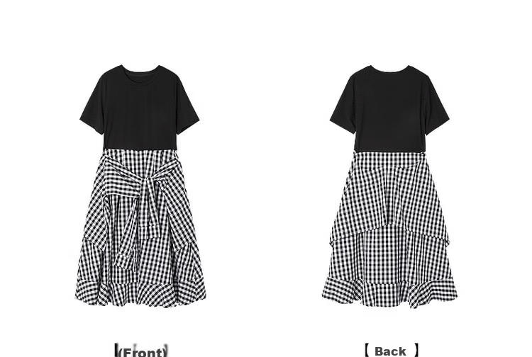 Demana Faux Two-Piece Style Summer Urban Casual Plaid Patchwork Round Neck Waist-Slimming Mid-Length Dress for Women 19