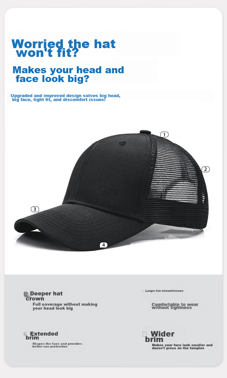 Romon Men's Baseball Cap Four Seasons Outdoor Hard Top Fashion Casual Hat Sun Protection Breathable Mesh Large Head Circumference Slim Face 2