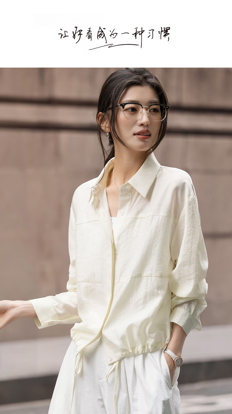 Demana Intellectual Spring Lapel Drop Shoulder Shirt with Drawstring Small Size Women's Top 1
