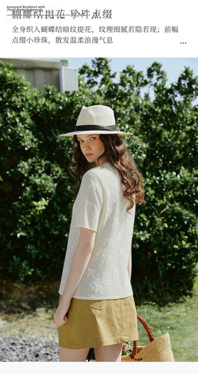 Olrain Summer New Bow Jacquard Pearl Embellished Short Sleeve Knit Top for Women Off-White XL 4