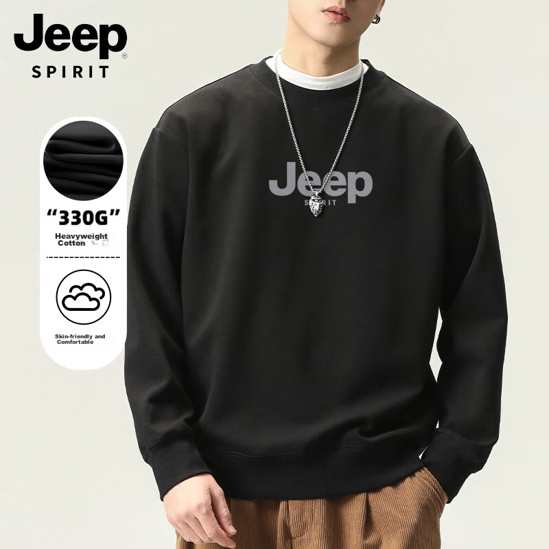 JEEP SPIRIT Men's Black Pullover Hoodie Autumn Casual Loose Fashion Printed Sweatshirt Size L
