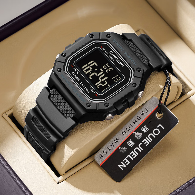 Louis Juelun Small Square Electronic Watch Men's Military Training Watch for High School Students Outdoor Sports Multifunctional