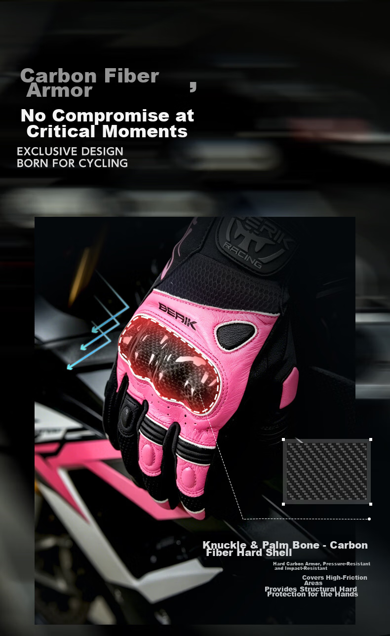 BERIK Big Eye Motorcycle Riding Gloves Summer Breathable Genuine Leather Carbon Fiber Touchscreen Shamo Black White L 4