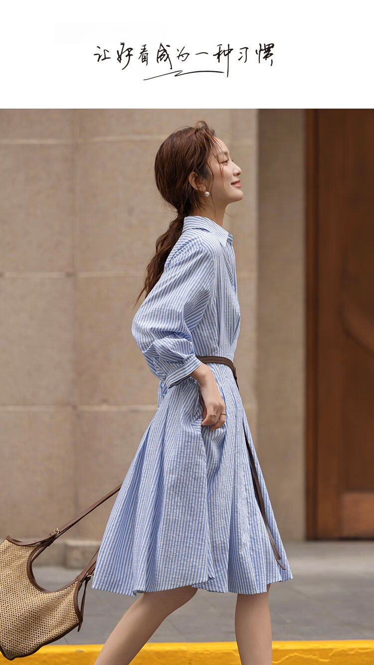 Demana [Lyocell Cotton Blend] Spring Smart Commuter Striped Embroidered Half-Sleeve Waist-Cinched A-Line Women's Dress 1