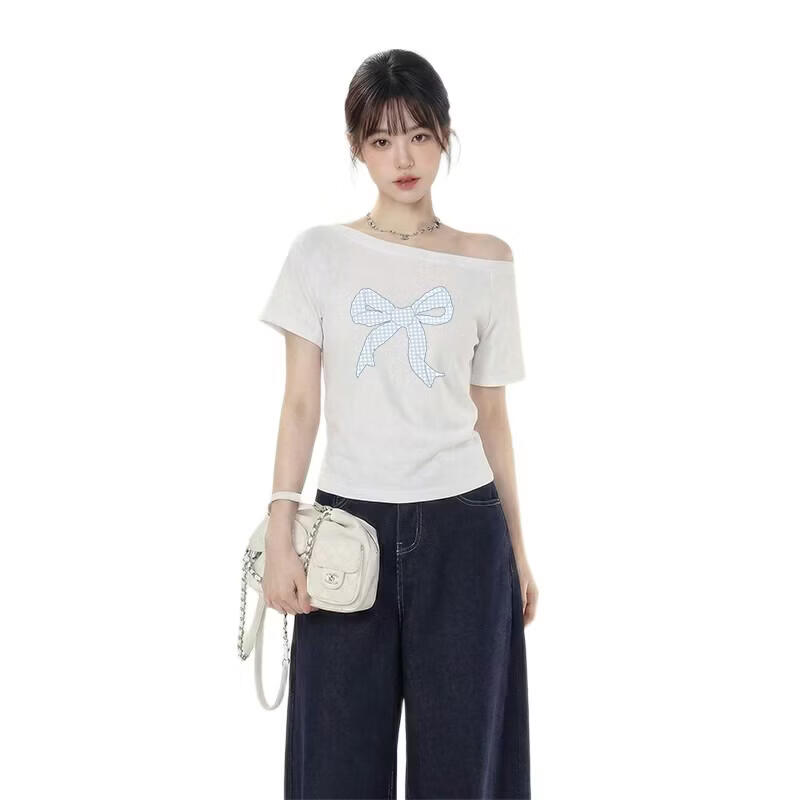 TonLion Women's Short Sleeve Off-Shoulder Asymmetric T-Shirt 2026 Summer New Korean Style Petite Half Sleeve Top