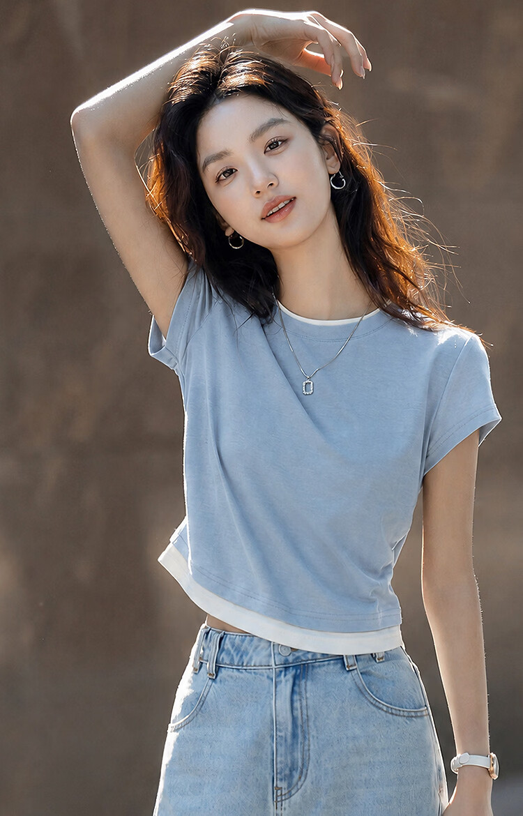 Demana [with Lyocell] Summer Elegant Colorblock Crew Neck Short Sleeve Slim Fit T-Shirt for Petite Women 20
